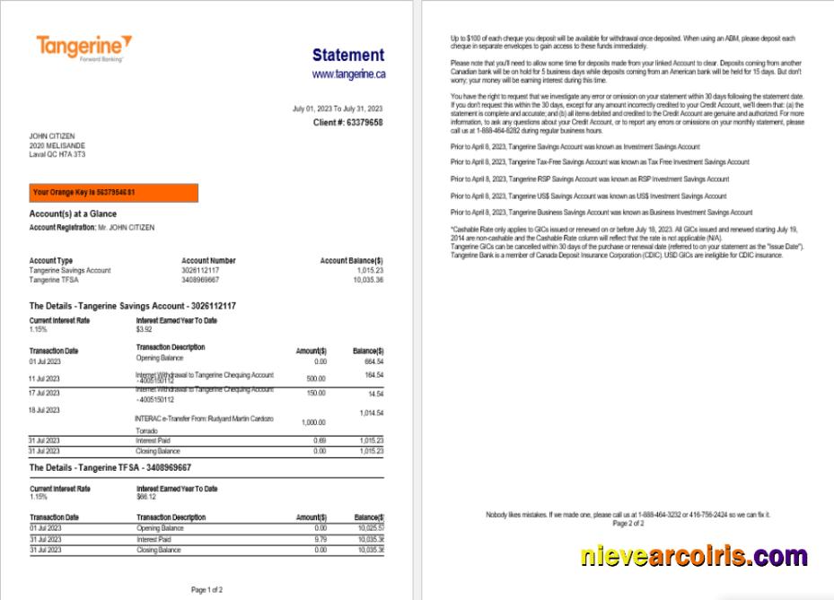 Canada Tangerine bank statement Word and PDF